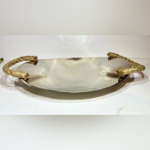 Silver Metal Oval Accent Platter Tray Bowl with Rope Handles